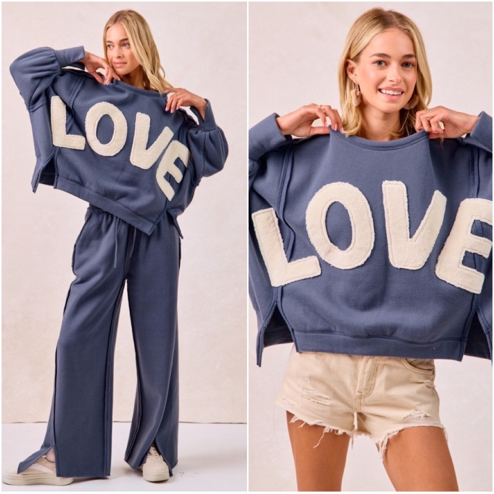 BiBi Blue Sweatshirt with Cream 'LOVE' Applique